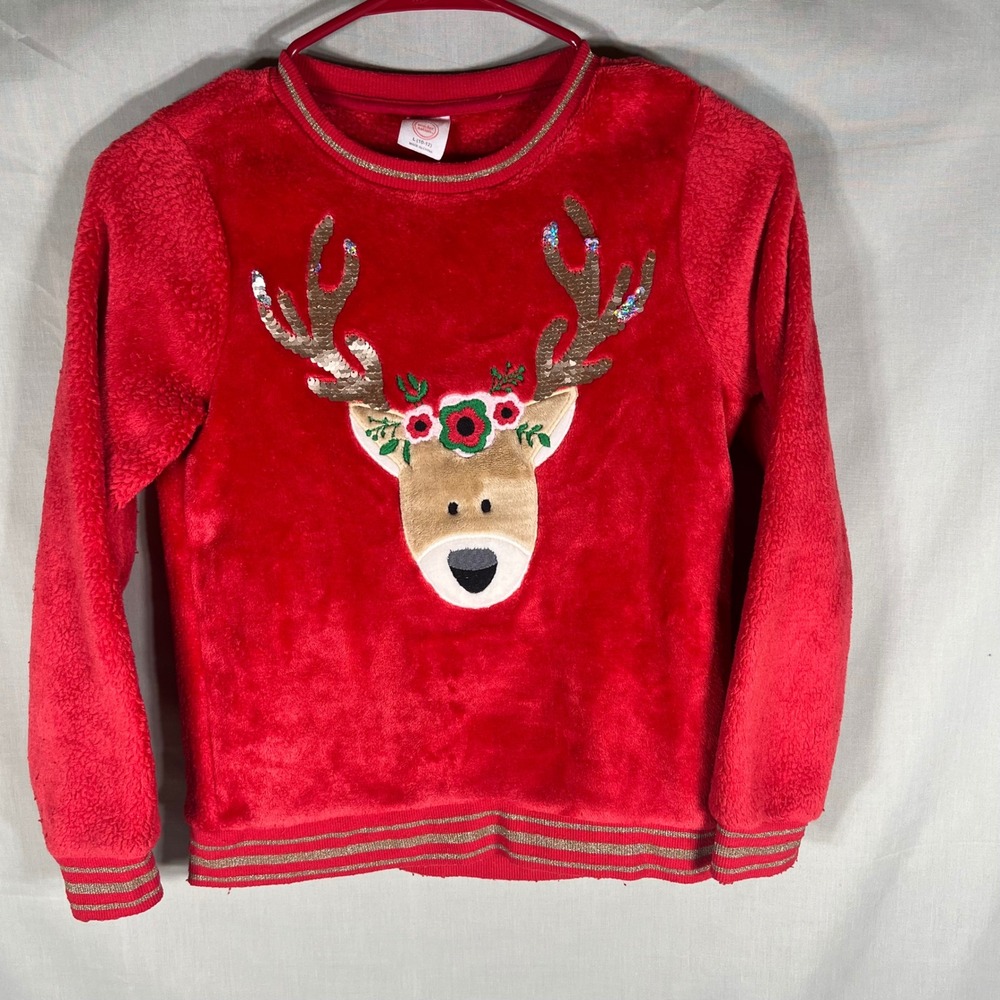 Wonder Nation Reindeer Fleece Festive Sequin Plush Red Girls Size L 10-12